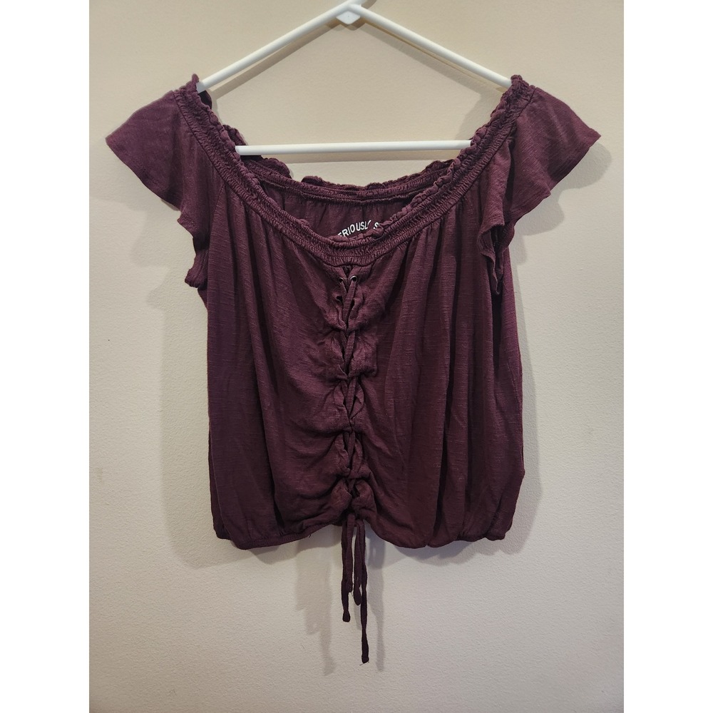 Aeropostale Seriously Soft Off Shoulder Crop Top Burgundy Lace‎ Up Womens Medium